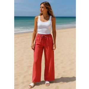 A New Day Linen Wide Leg Drawstring Pants Womens Size S Salmon Pockets Comfycore